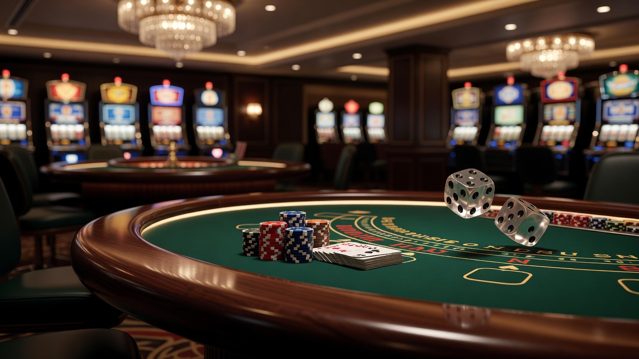 Verschiedene Casino-Spiele auf einem digitalen Tisch mit Karten und Chips in einem regulierten deutschen Online-Casino