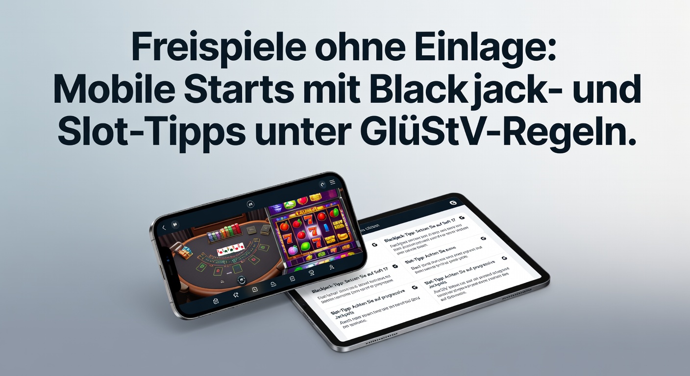Smartphone mit Slot-Maschine und Blackjack-Tisch auf Bildschirm, umgeben von GlüStV-Symbolen und Freispiel-Icons