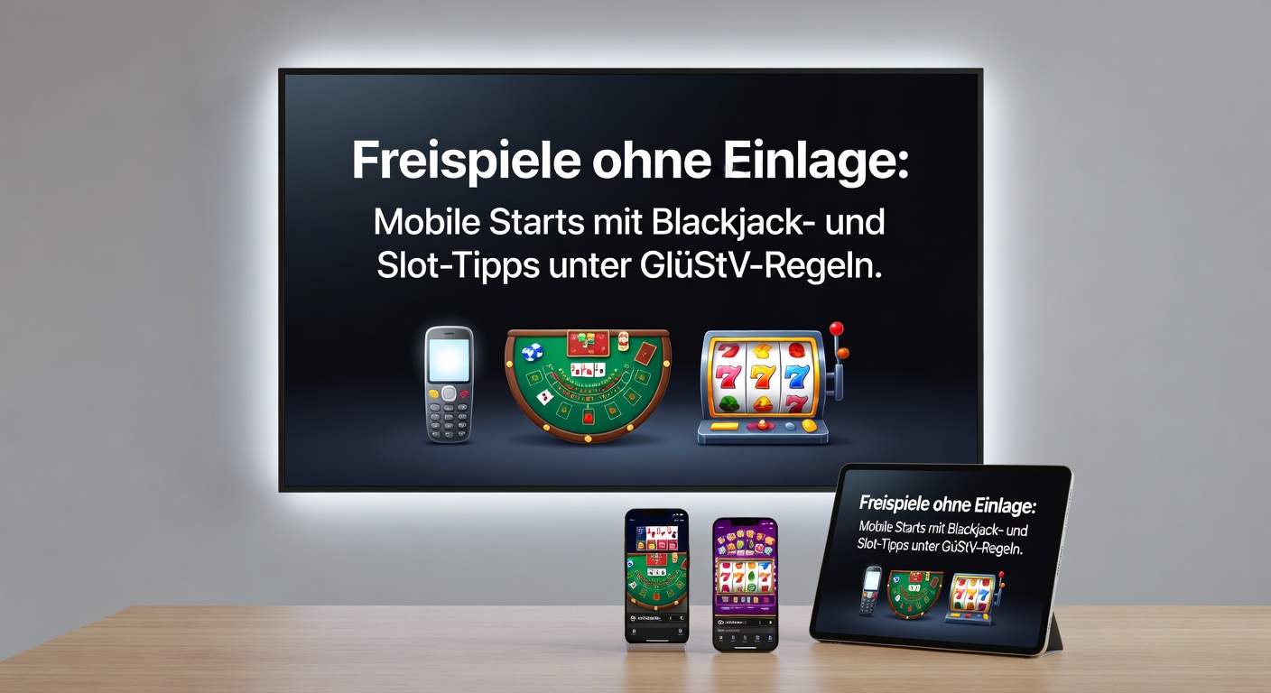 Mobile Blackjack-Tisch mit Freispiel-Symbolen und Slot-Rollen im Hintergrund, GlüStV-Logo sichtbar