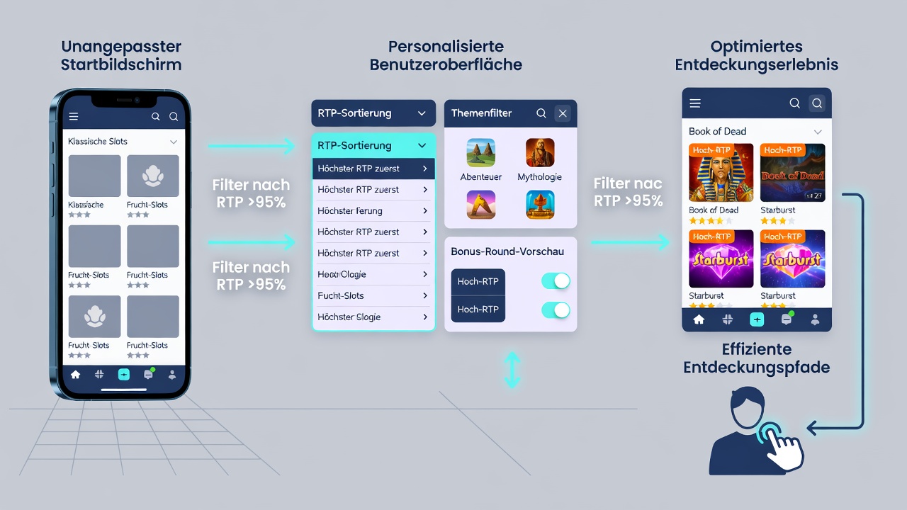 Detailansicht eines mobilen Slot-Filters mit RTP-Sortierung und Empfehlungsleiste in einer deutschen Casino-App